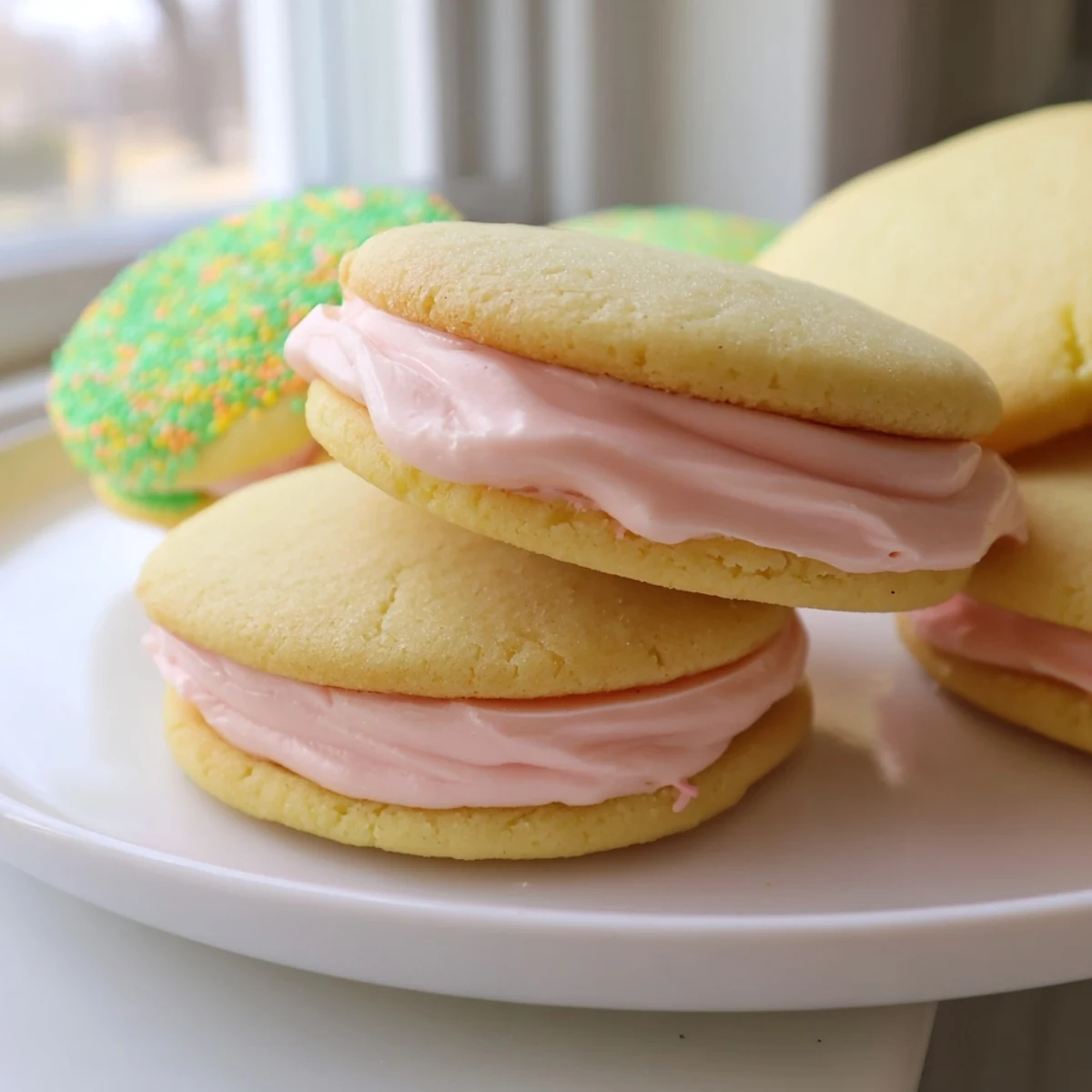 Chewy sugar cookie sandwiches piped high with fluffy pastel green frosting