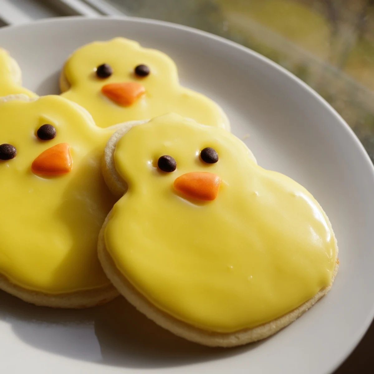 Adorable chick cookies with bright yellow frosting and cute candy faces on a rustic baking sheet