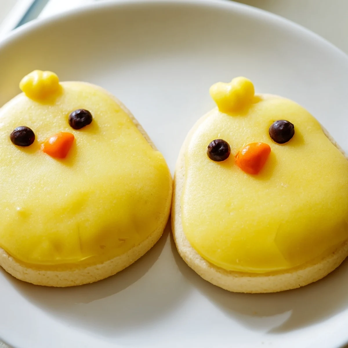 Buttery chick cookies shaped like fluffy yellow birds with chocolate chip eyes ready to serve