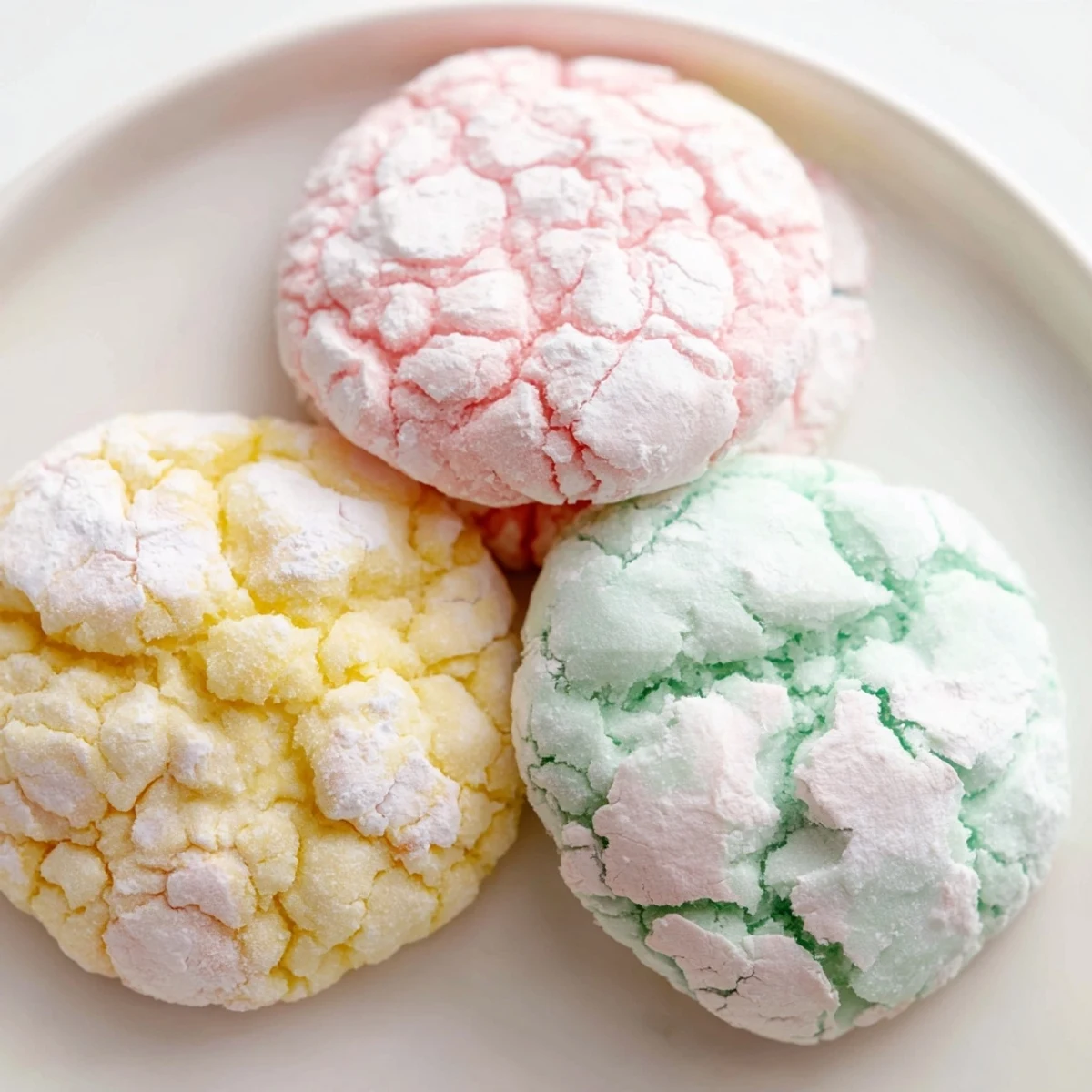 Soft pastel crinkle cookies with powdered sugar cracks on a rustic white baking sheet