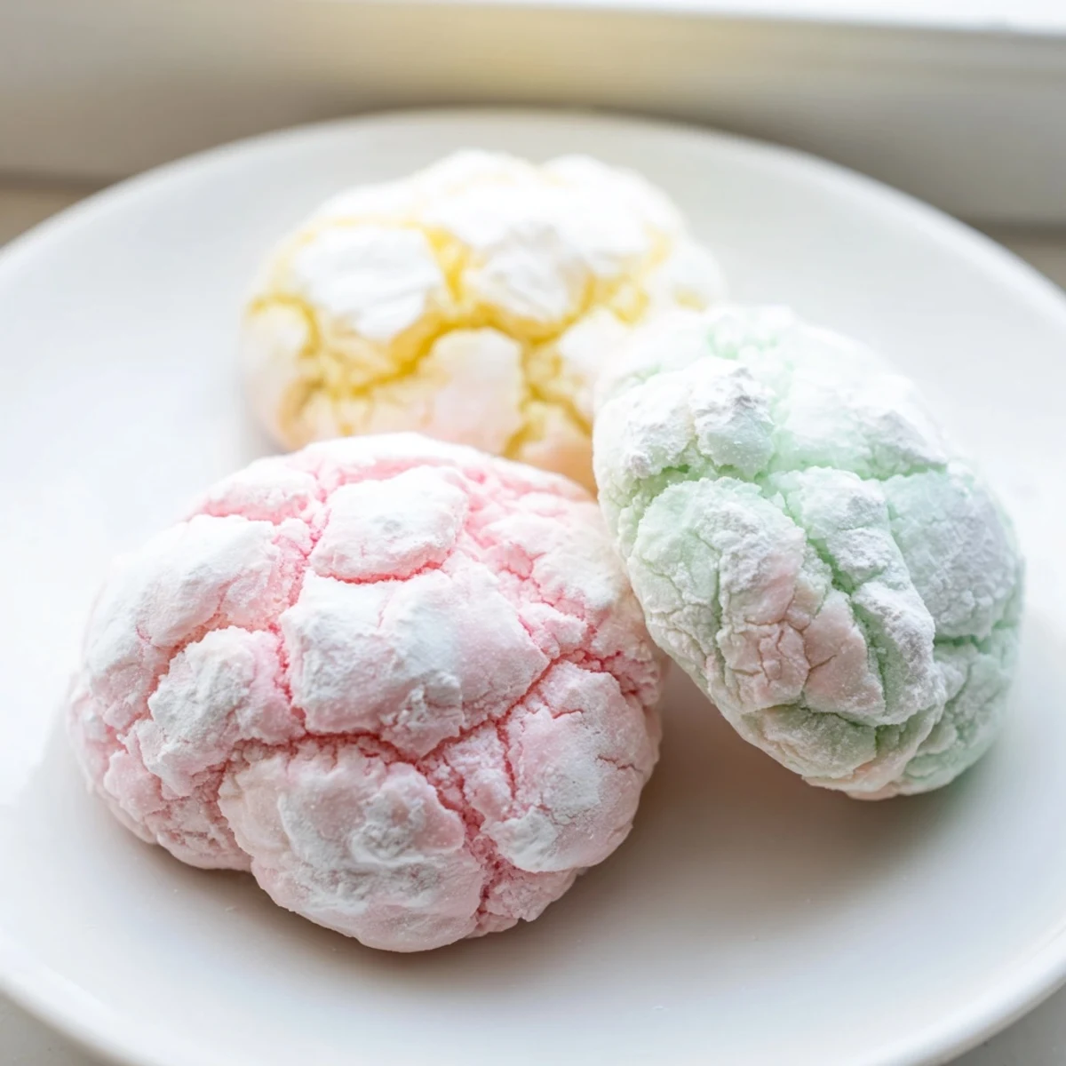 Chewy pastel crinkle cookies dusted in white sugar showing beautiful cracked surfaces
