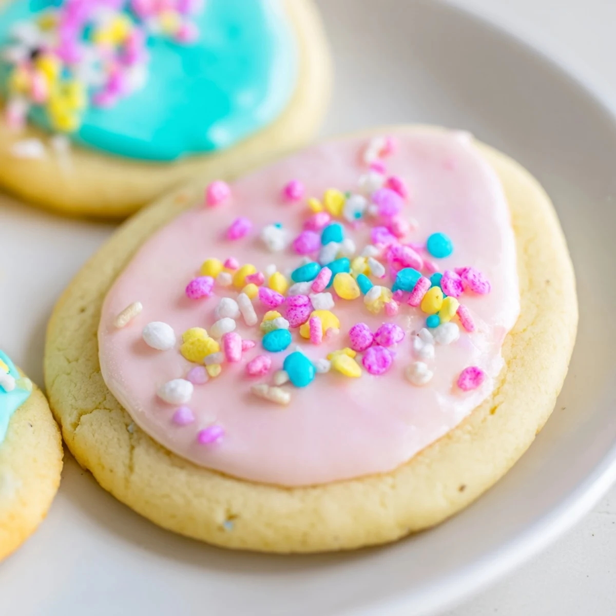 Soft Easter cookies with pastel royal icing and colorful sprinkles on a rustic white serving plate