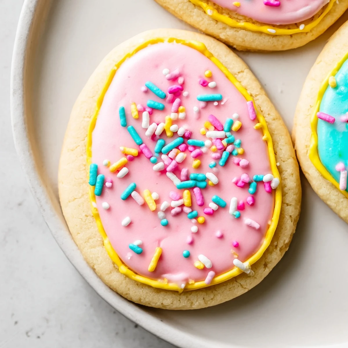 Decorated Easter sugar cookies arranged on a baking sheet ready for spring holiday celebrations