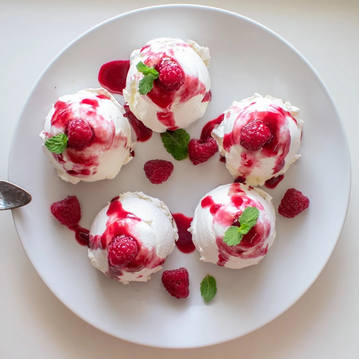 Golden meringue Pavlova Bombs With Raspberry Coulis drizzled elegantly over pillowy whipped cream filling
