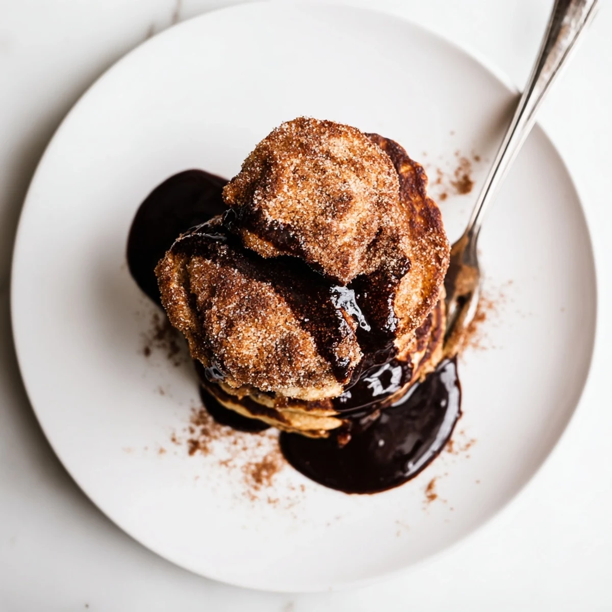 Fluffy Spanish Churro Pancakes stacked high with rich chocolate sauce drizzled on top