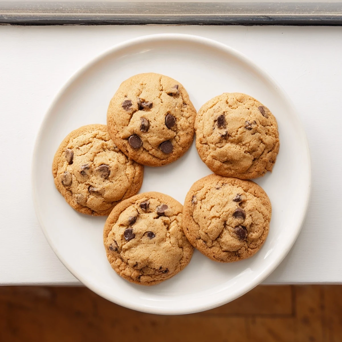 Soft nut free chocolate chip cookies with golden edges on a rustic white ceramic plate