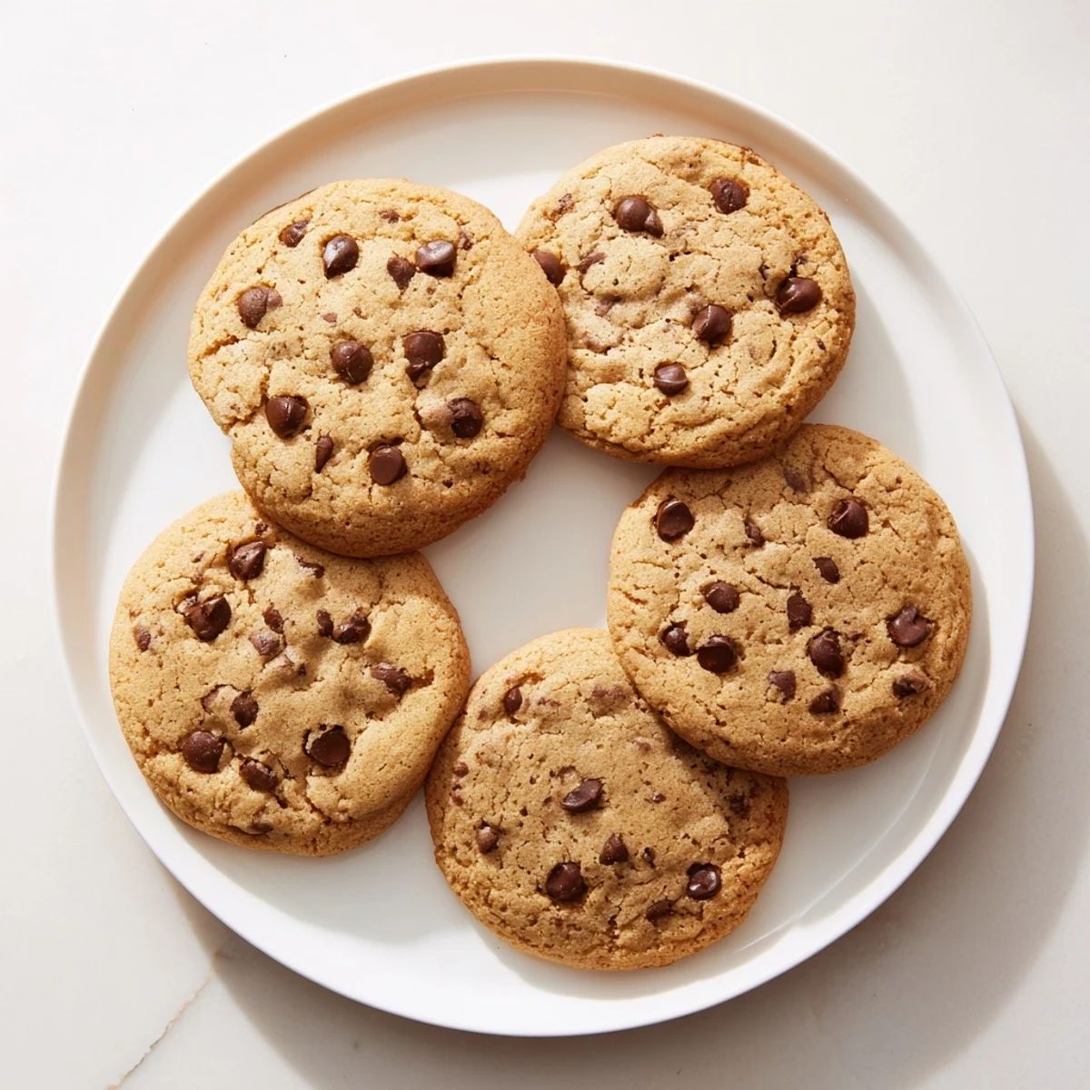 Warm nut free chocolate chip cookies stacked with melty chocolate chips visible inside