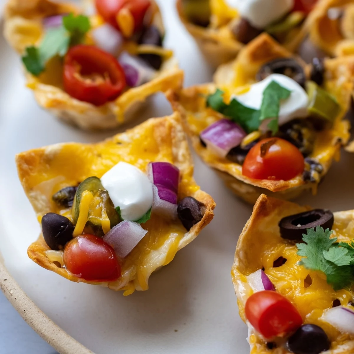 Golden cheesy nacho cups bubbling with melted cheddar and colorful fresh toppings in muffin tin