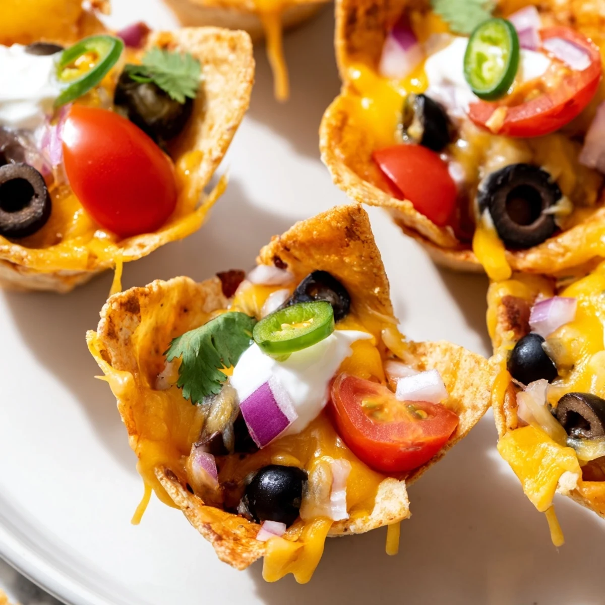 Crispy tortilla cups overflowing with gooey Monterey Jack cheese, black beans, and zesty garnishes