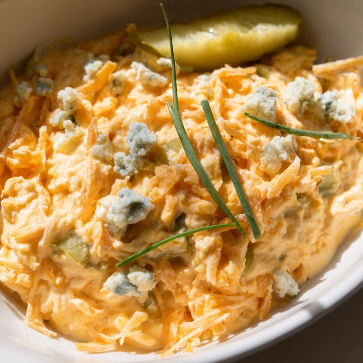 Creamy buffalo pickle dip in a serving bowl surrounded by crunchy chips and fresh veggie sticks