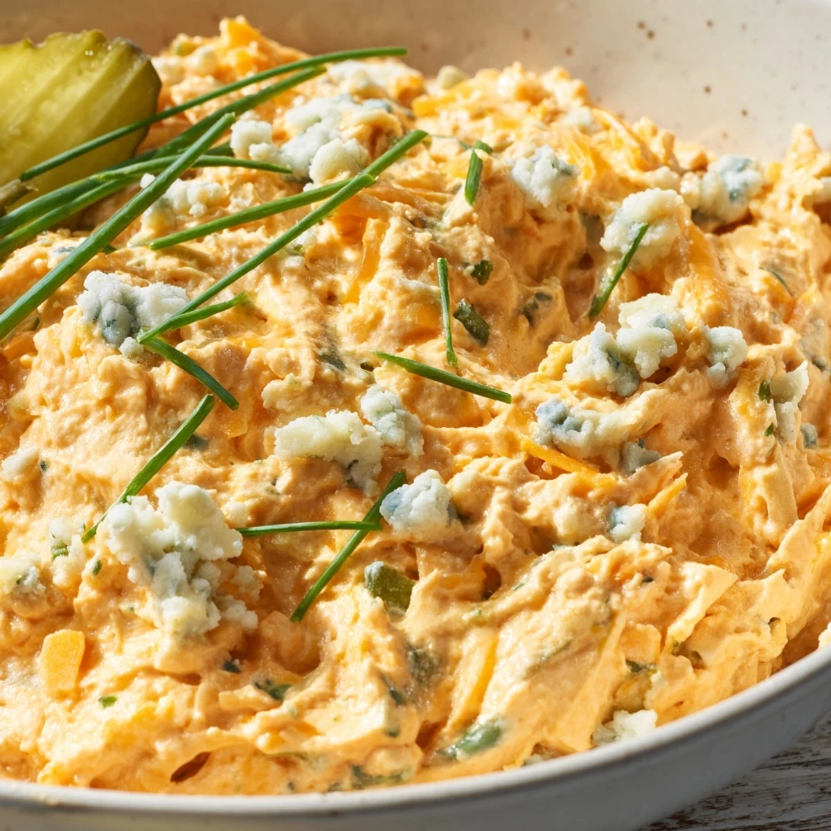 Tangy buffalo pickle dip topped with cheddar cheese and fresh chives on a rustic wooden board