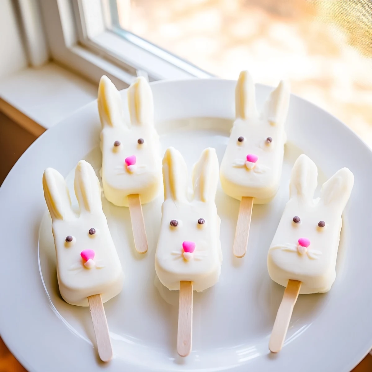 Adorable white chocolate bunny cakesicles decorated with candy eyes and pink ears on sticks