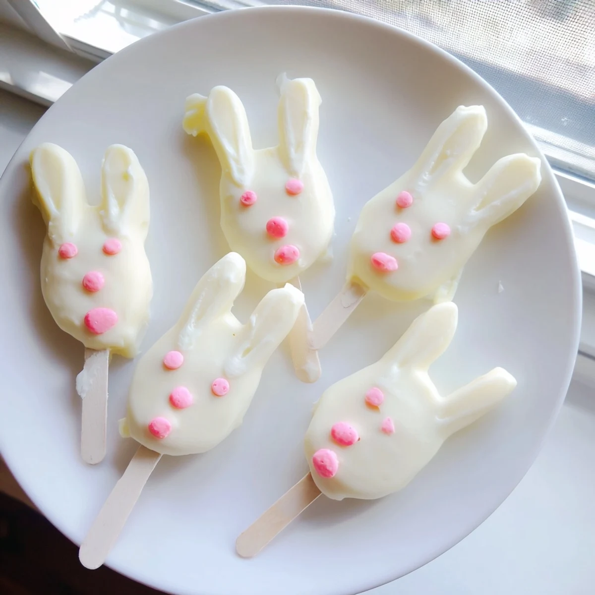 Creamy white chocolate bunny cakesicles with sprinkles displayed on a rustic wooden serving board