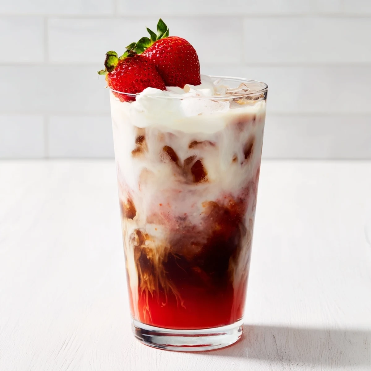 Creamy strawberry cold latte in a tall glass with swirled pink layers and ice