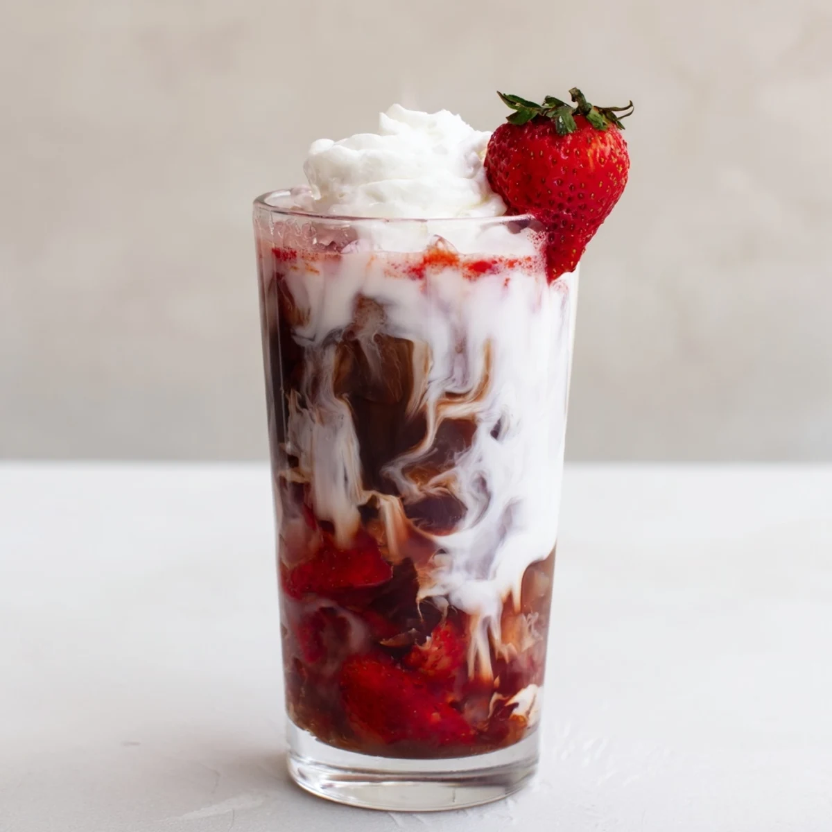 Strawberry cream cold latte topped with whipped cream and fresh berry garnish
