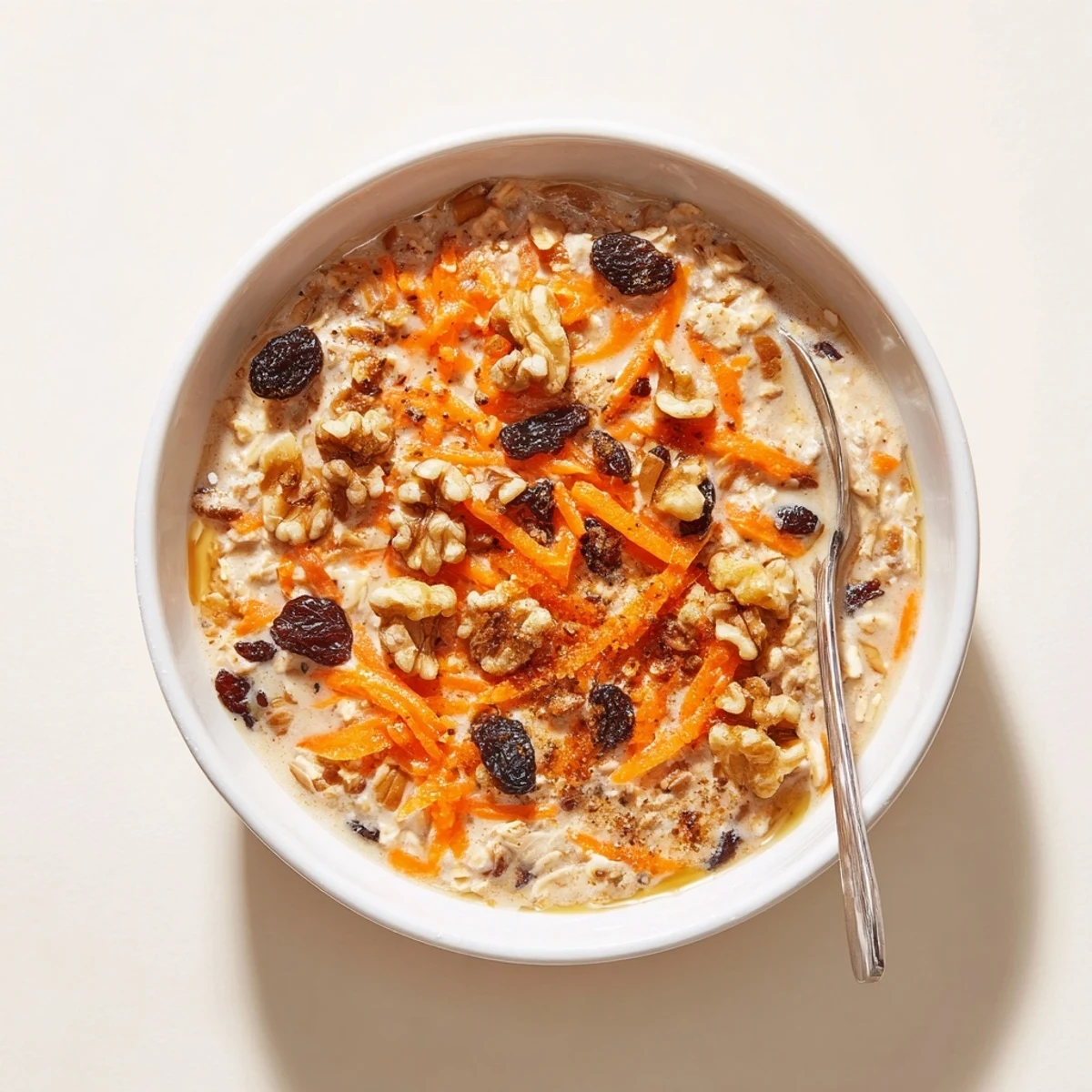 Creamy Carrot Cake Overnight Oats with sweet raisins, grated carrots, and spices in a breakfast bowl