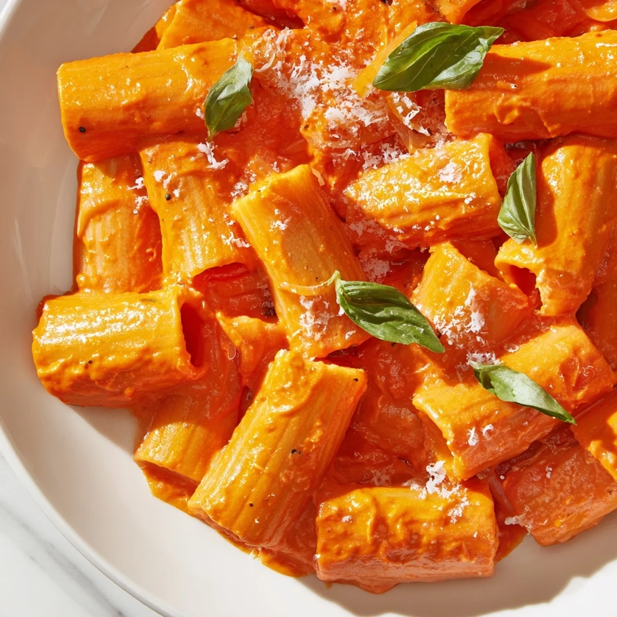 Creamy roasted red pepper pasta in a vibrant orange sauce topped with fresh basil leaves