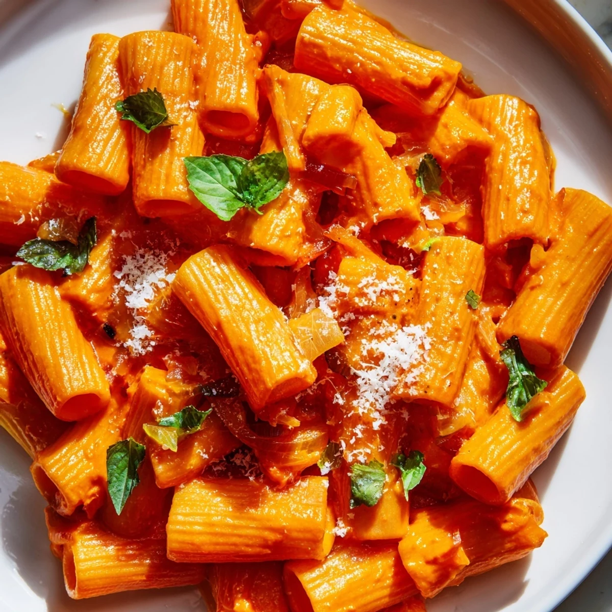 Roasted red pepper pasta served in a white bowl with grated Parmesan cheese garnish