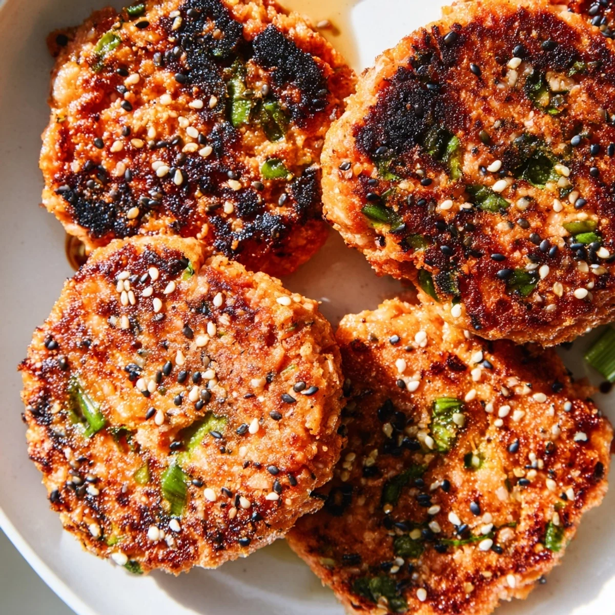 Crispy golden Harissa Sesame Salmon Patties sizzling in a skillet with toasted sesame seeds