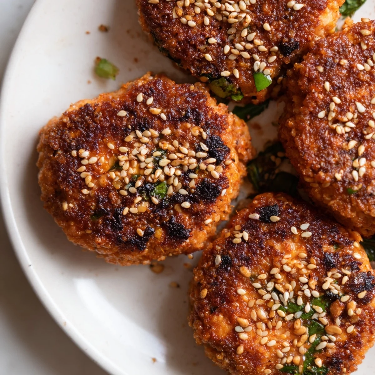 Spicy Harissa Sesame Salmon Patties served on a white plate with fresh lemon wedges