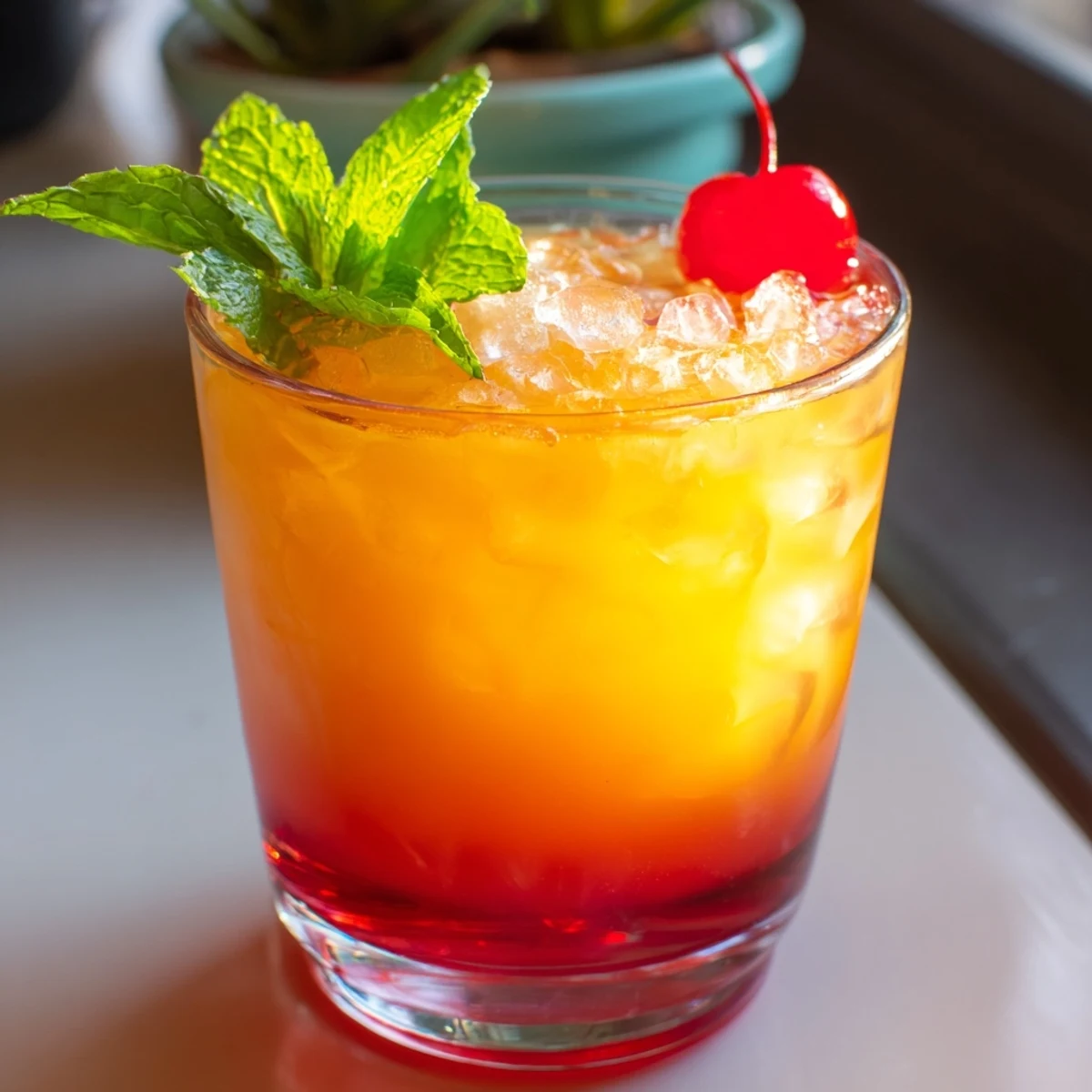 Frosty non alcoholic Mai Tai in a rocks glass with cherry and orange garnish