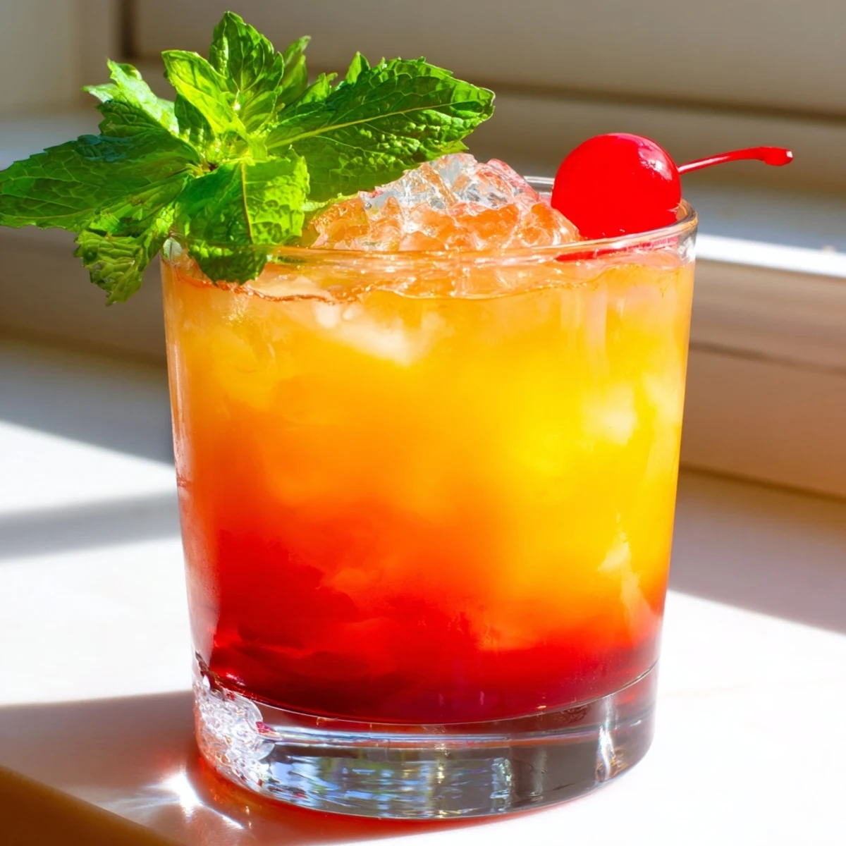 Layered non alcoholic Mai Tai mocktail with grenadine and tropical fruit juices