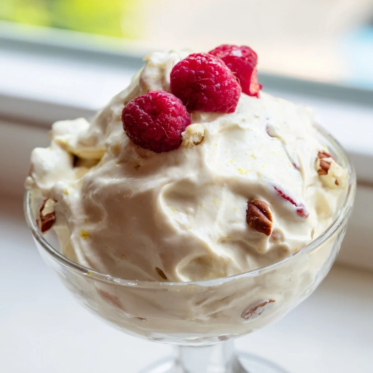 Creamy keto cheesecake fluff topped with fresh red berries in a glass bowl