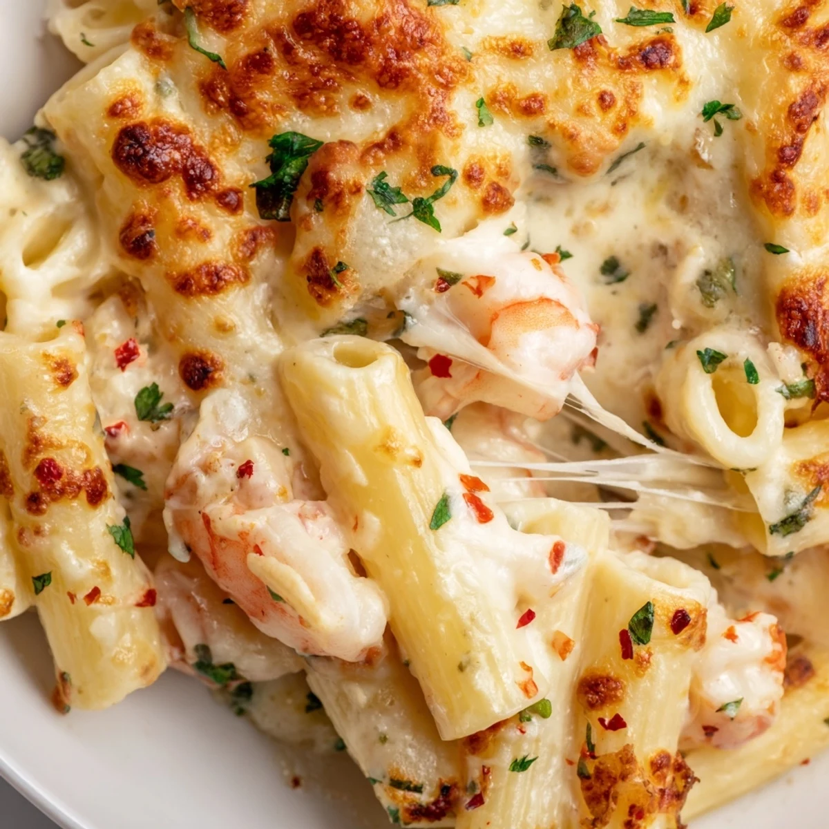 Golden bubbling shrimp scampi pasta bake topped with melted mozzarella and fresh parsley garnish