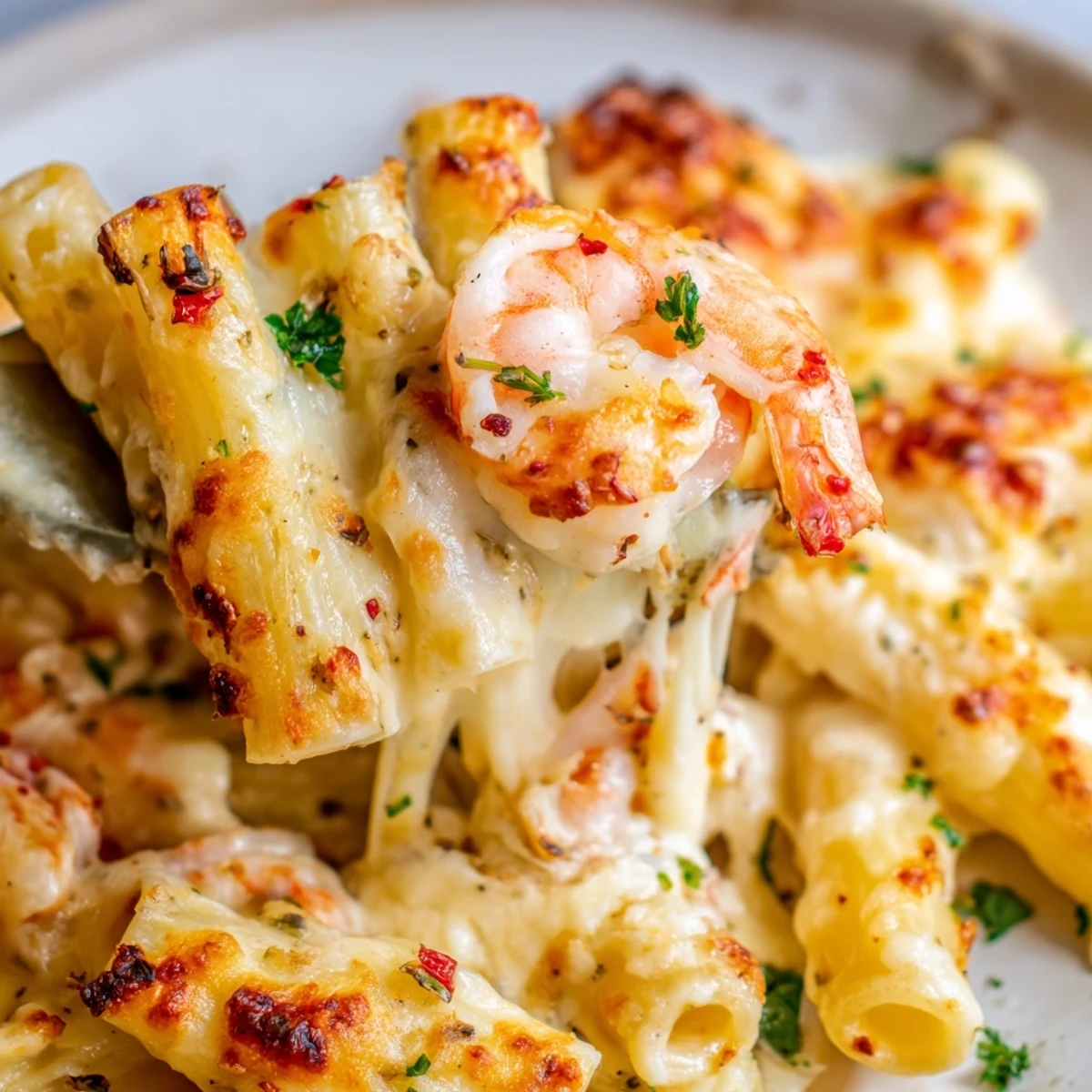 Creamy shrimp scampi pasta bake with succulent pink shrimp in rich lemon garlic butter sauce