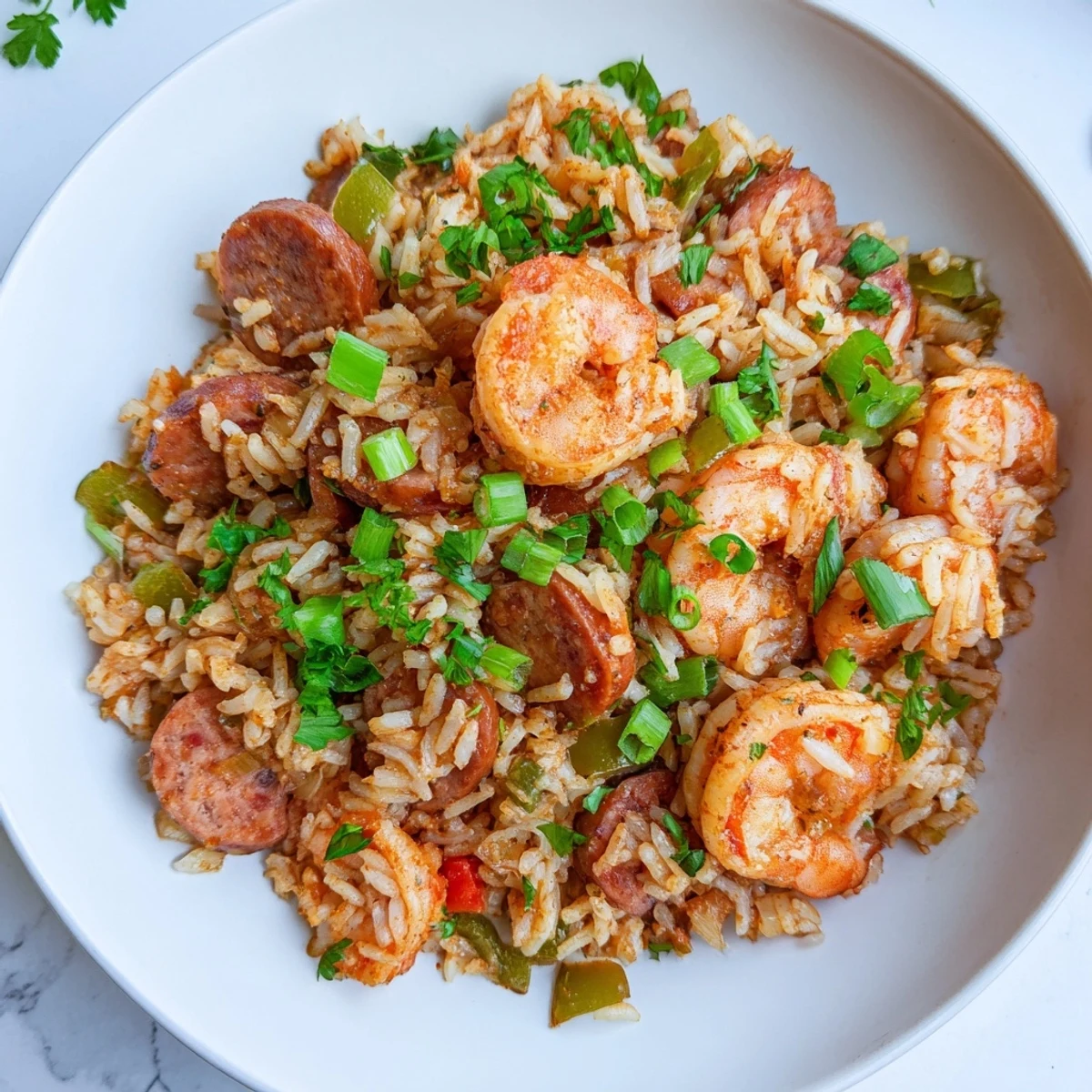 Shrimp and Sausage Dirty Rice steaming in a cast iron skillet with fresh parsley garnish