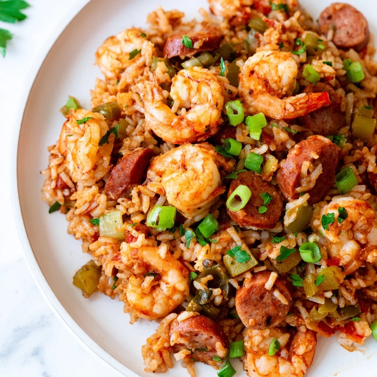 Close-up of Shrimp and Sausage Dirty Rice showcasing plump pink shrimp and browned andouille slices