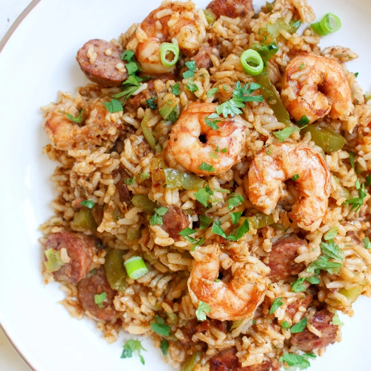 Hearty bowl of Shrimp and Sausage Dirty Rice topped with scallions beside crusty bread