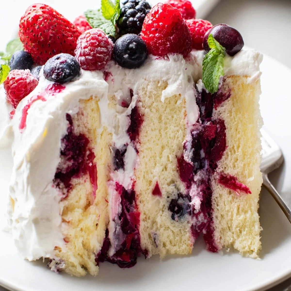 A slice of summer berry poke cake topped with fresh strawberries and whipped cream