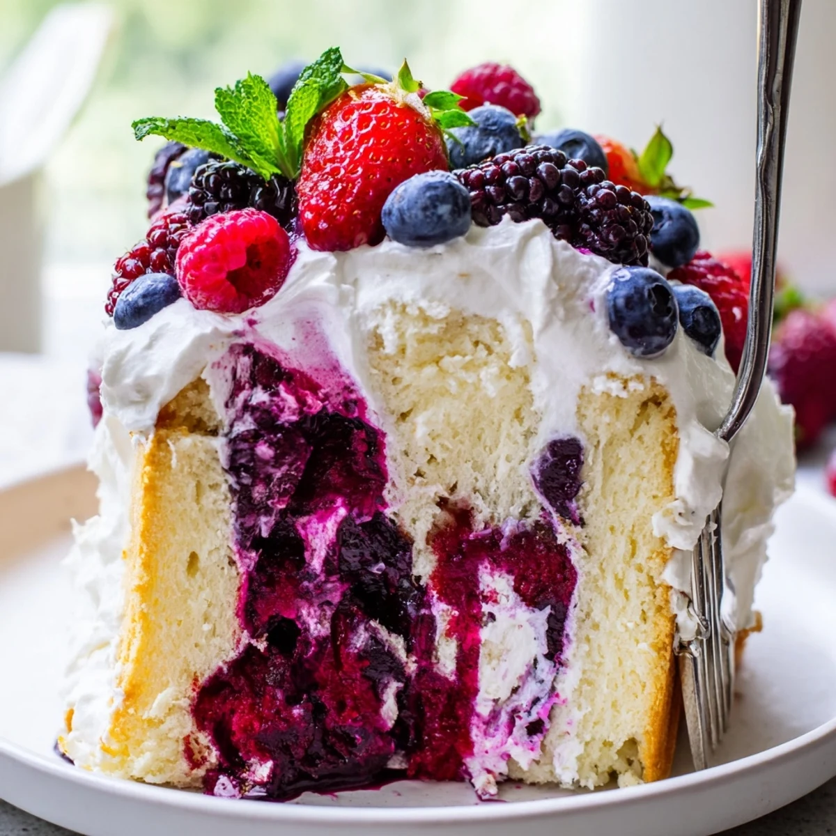 Moist summer berry poke cake drizzled with vibrant berry sauce in a glass baking dish