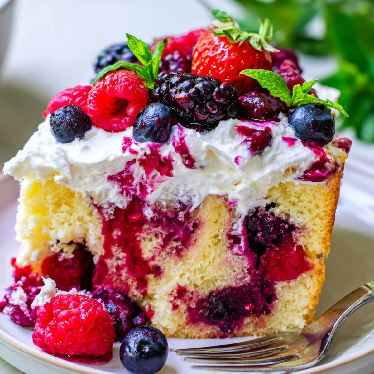 Creamy whipped topping blankets this colorful summer berry poke cake studded with juicy berries