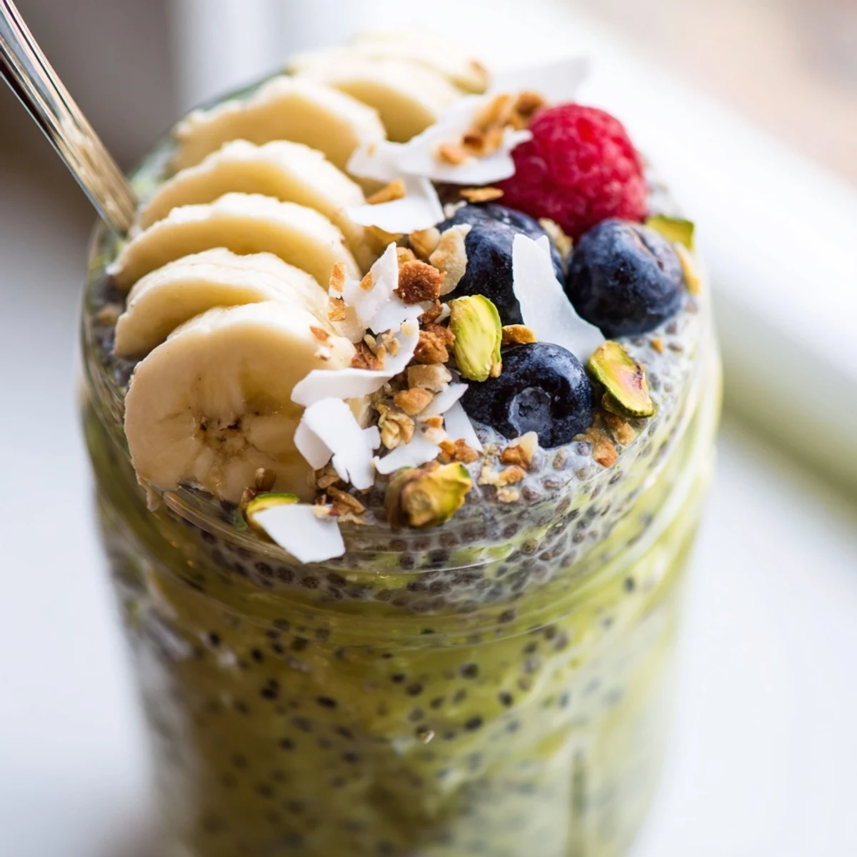 Creamy matcha overnight oats topped with fresh berries and toasted coconut