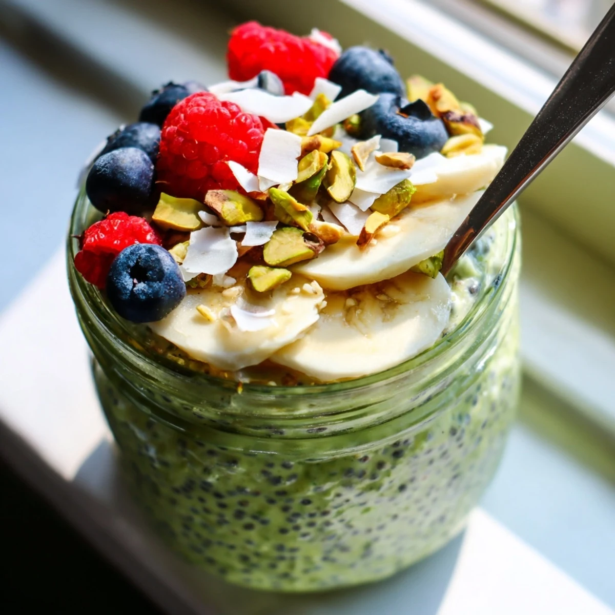 Vibrant green matcha overnight oats in a jar with sliced banana and pistachios