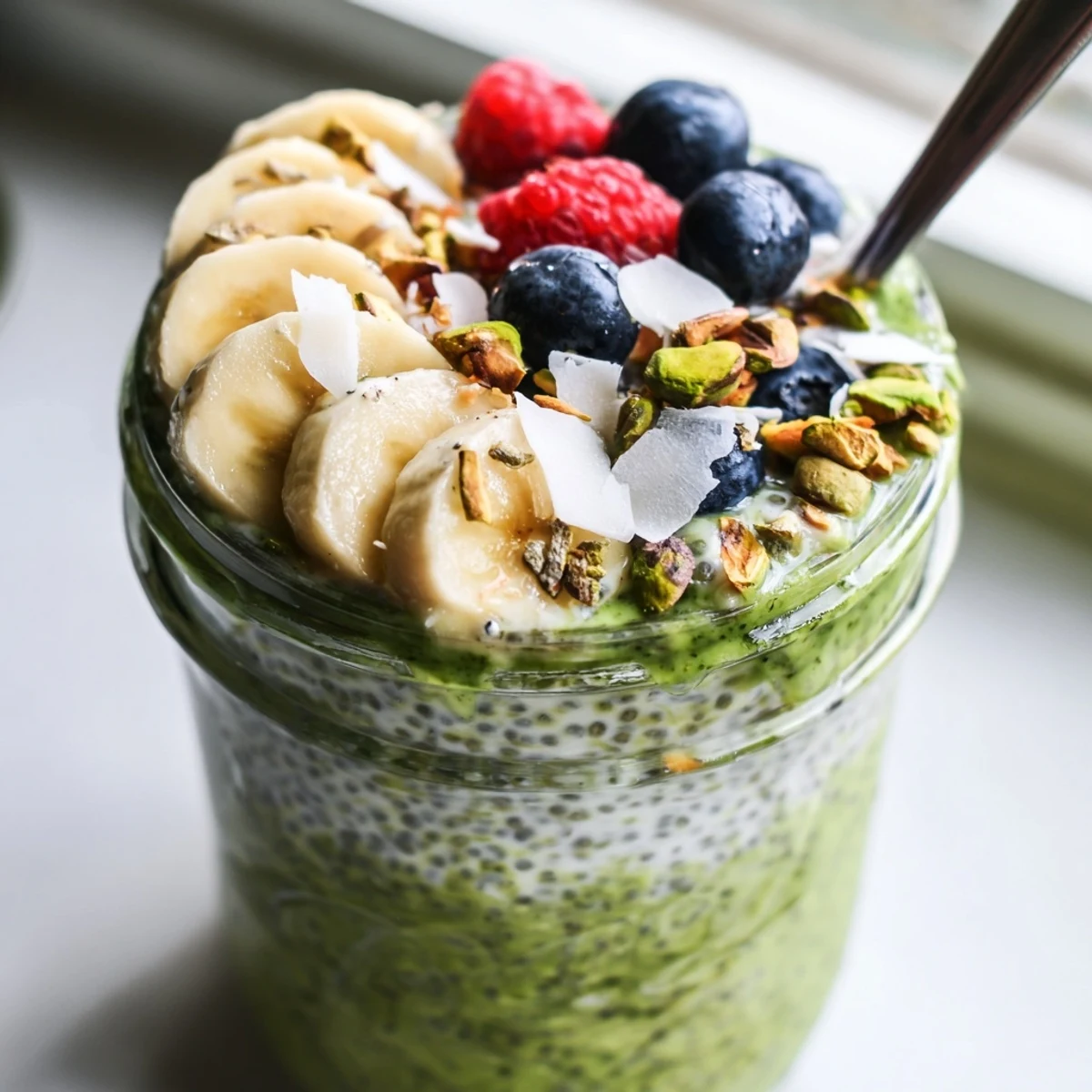 Smooth matcha overnight oats served cold with chopped almonds and a drizzle of honey