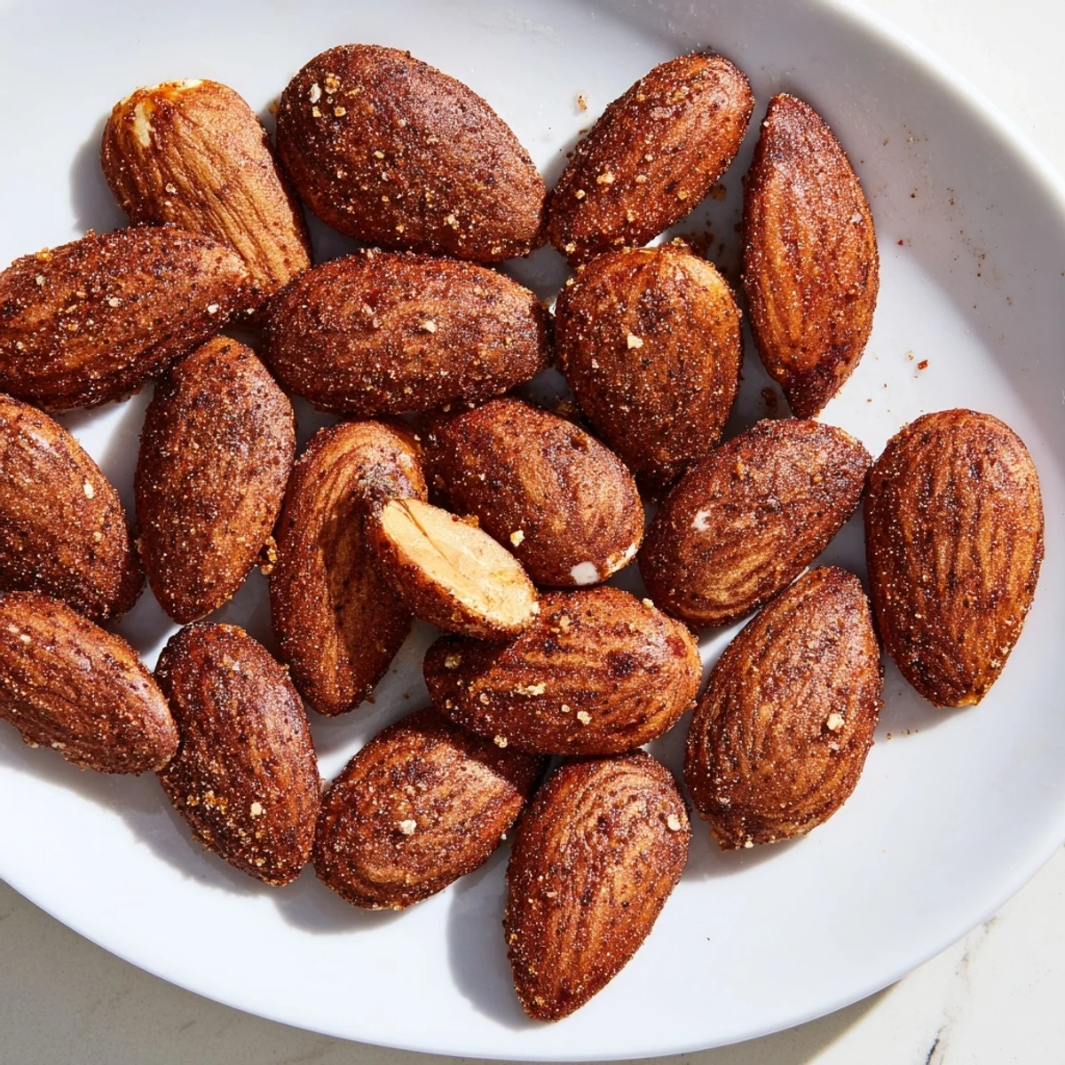 Golden roasted almonds sprinkled with sea salt in a rustic ceramic bowl