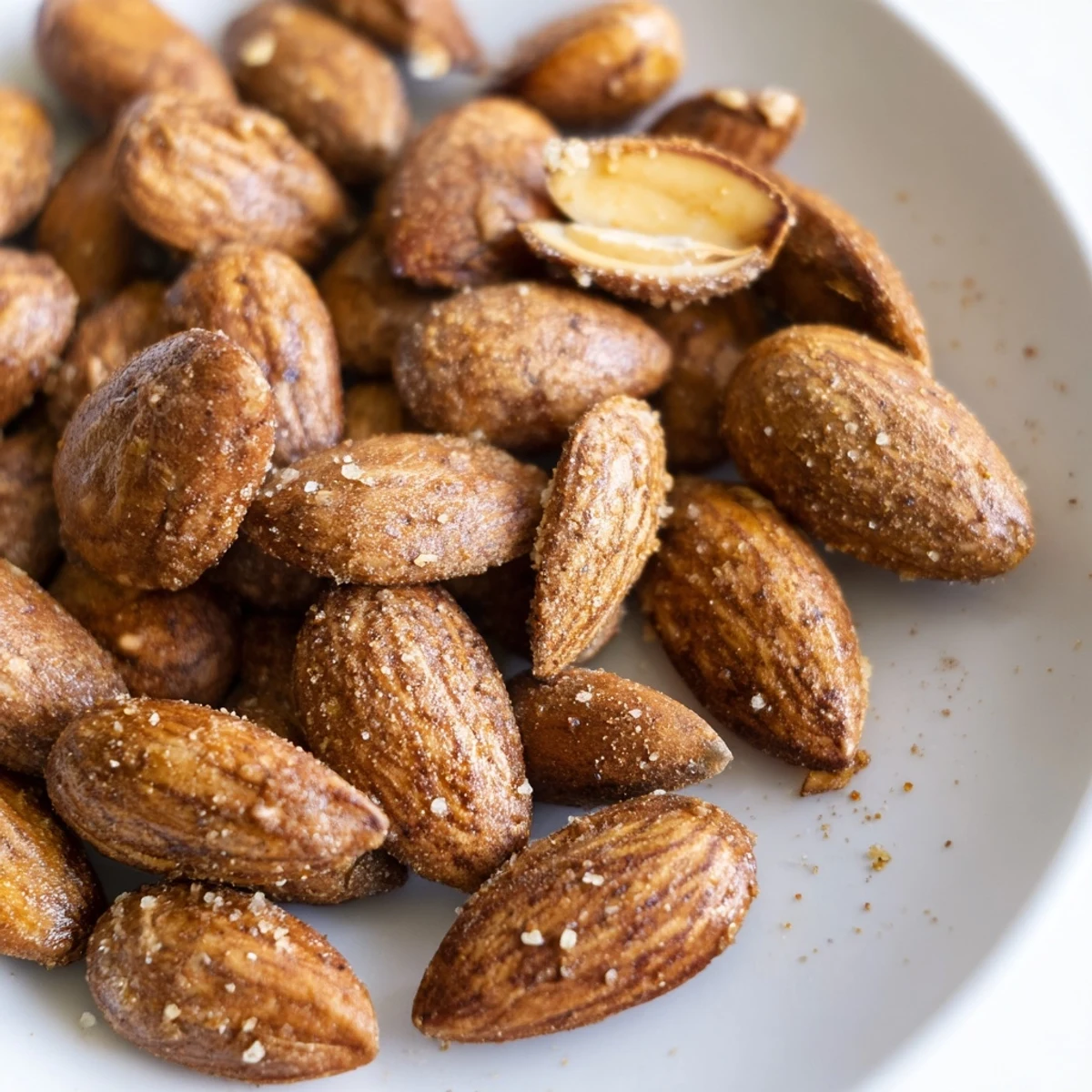 Crunchy roasted almonds glistening with olive oil on a parchment-lined baking sheet