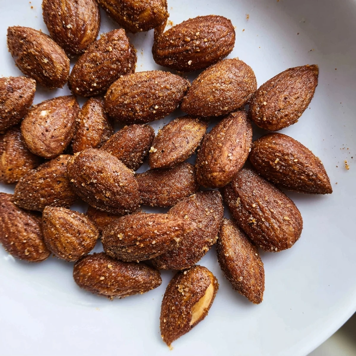 Warm, fragrant roasted almonds piled in a serving dish ready for snacking