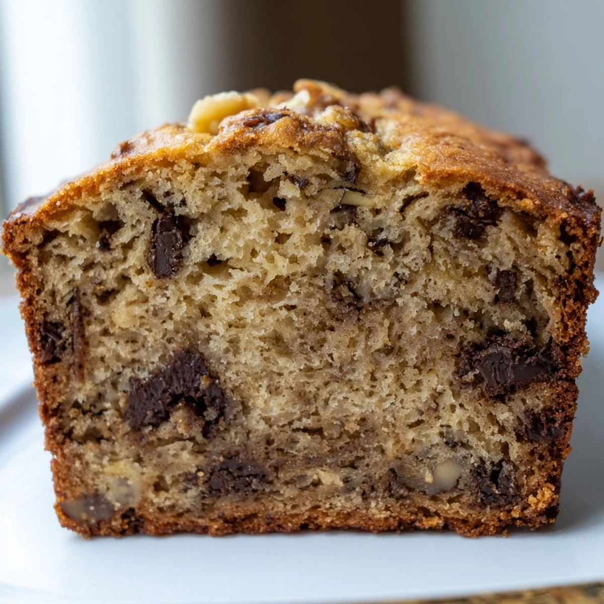Golden-crusted super moist banana bread sliced thick on a rustic wooden cutting board