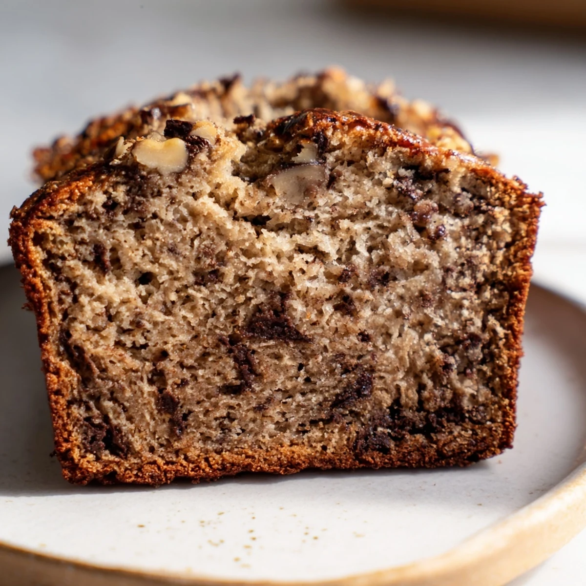 Steaming slice of super moist banana bread topped with chopped walnuts and cinnamon