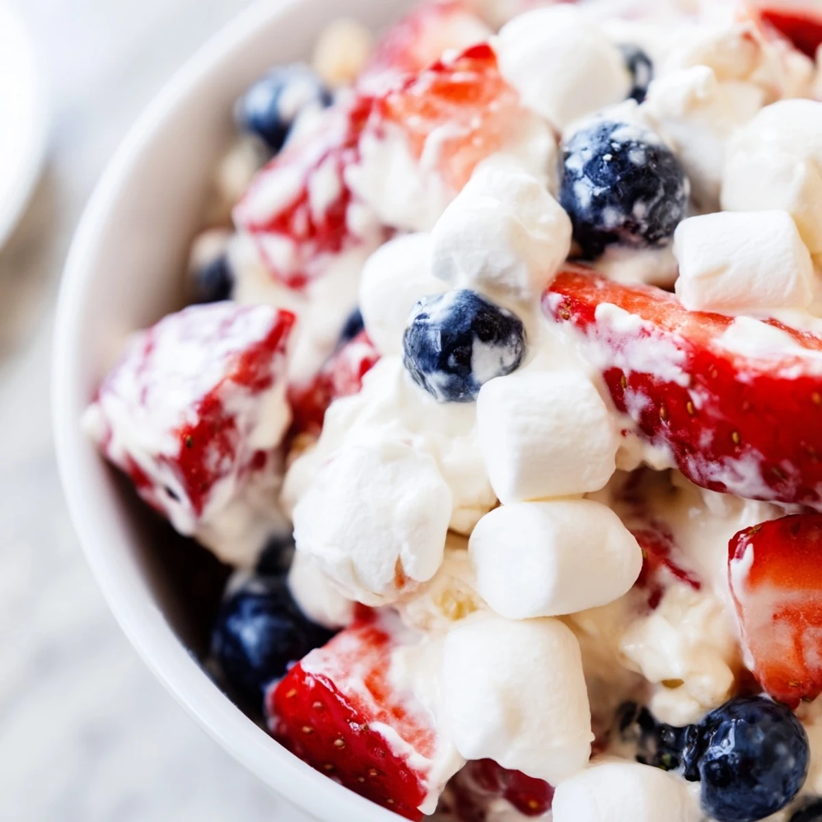 Creamy red white blue cheesecake salad topped with fresh strawberries and blueberries in a clear bowl