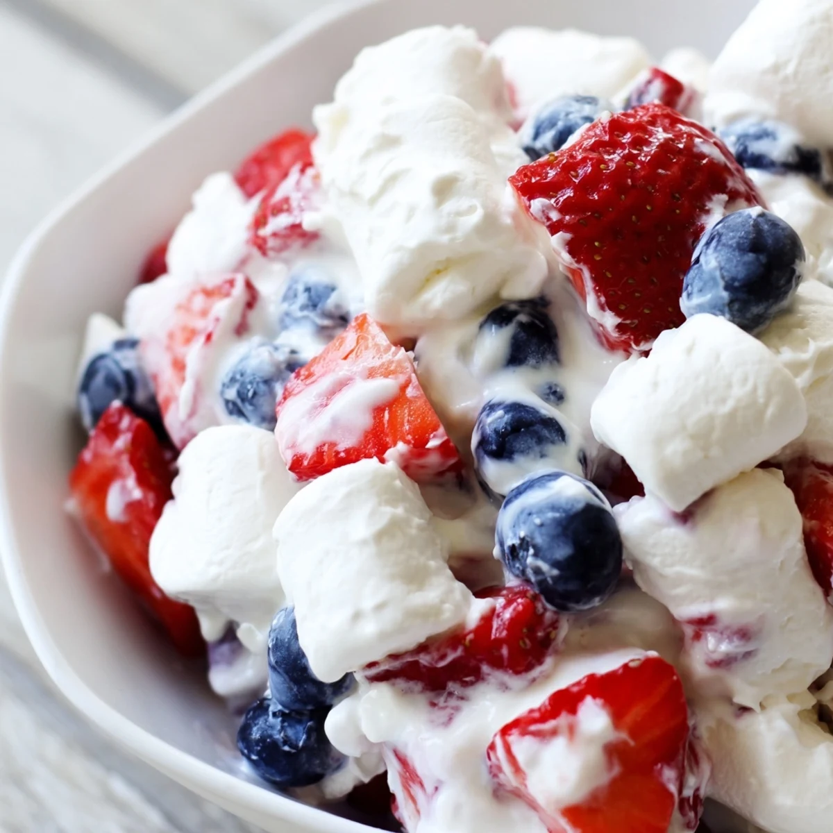 Vibrant red white blue cheesecake salad with fluffy marshmallows and juicy berries served chilled