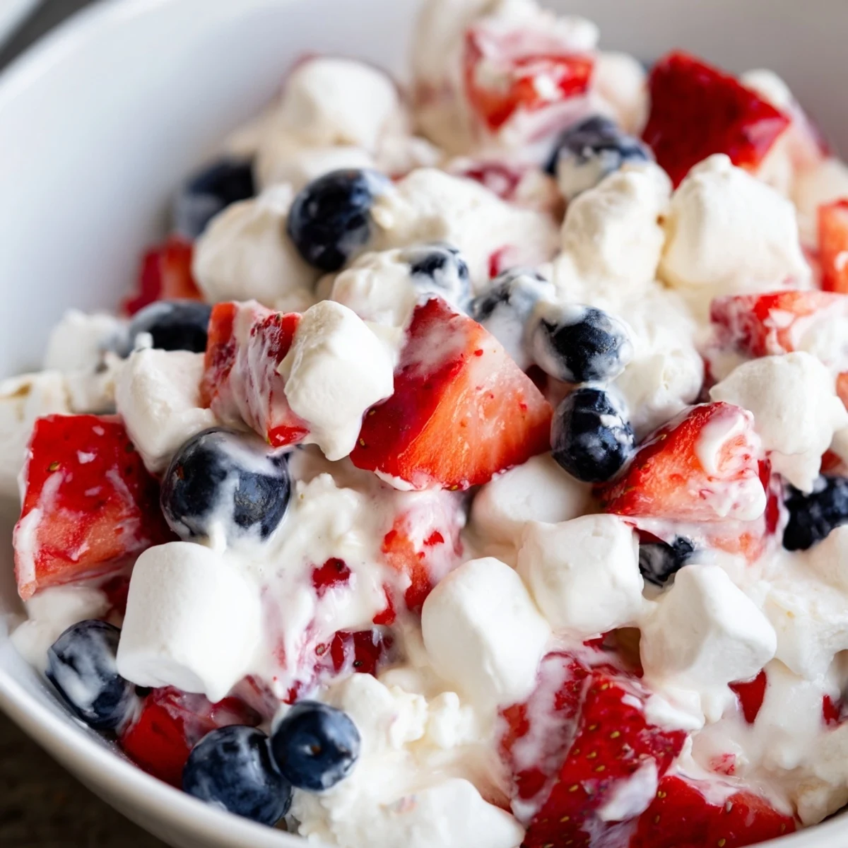 Luscious red white blue cheesecake salad scooped into a dessert glass with berry garnish