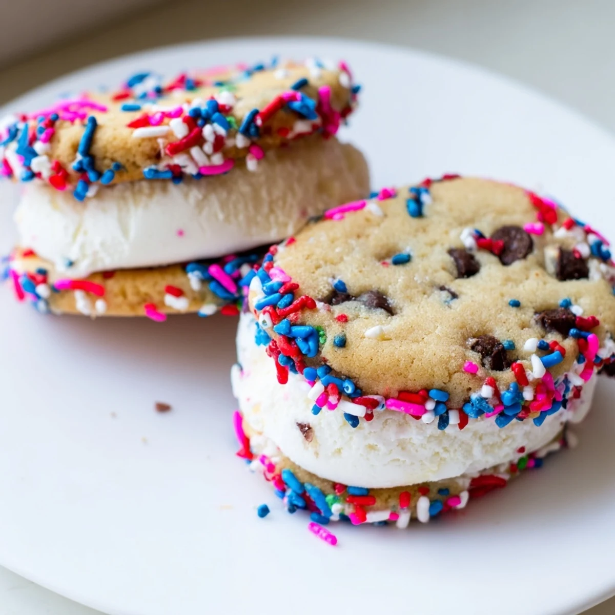 Festive Patriotic Mini Ice Cream Sandwiches coated in colorful red, white, and blue sprinkles