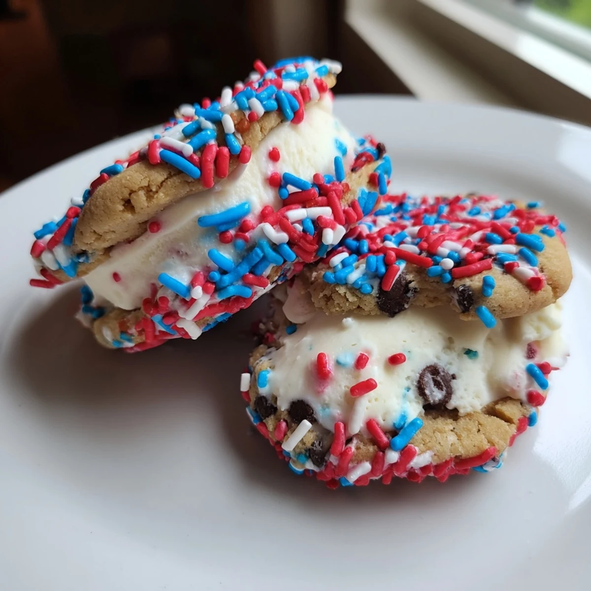 Bite-sized Patriotic Mini Ice Cream Sandwiches with creamy vanilla filling on a summer tray