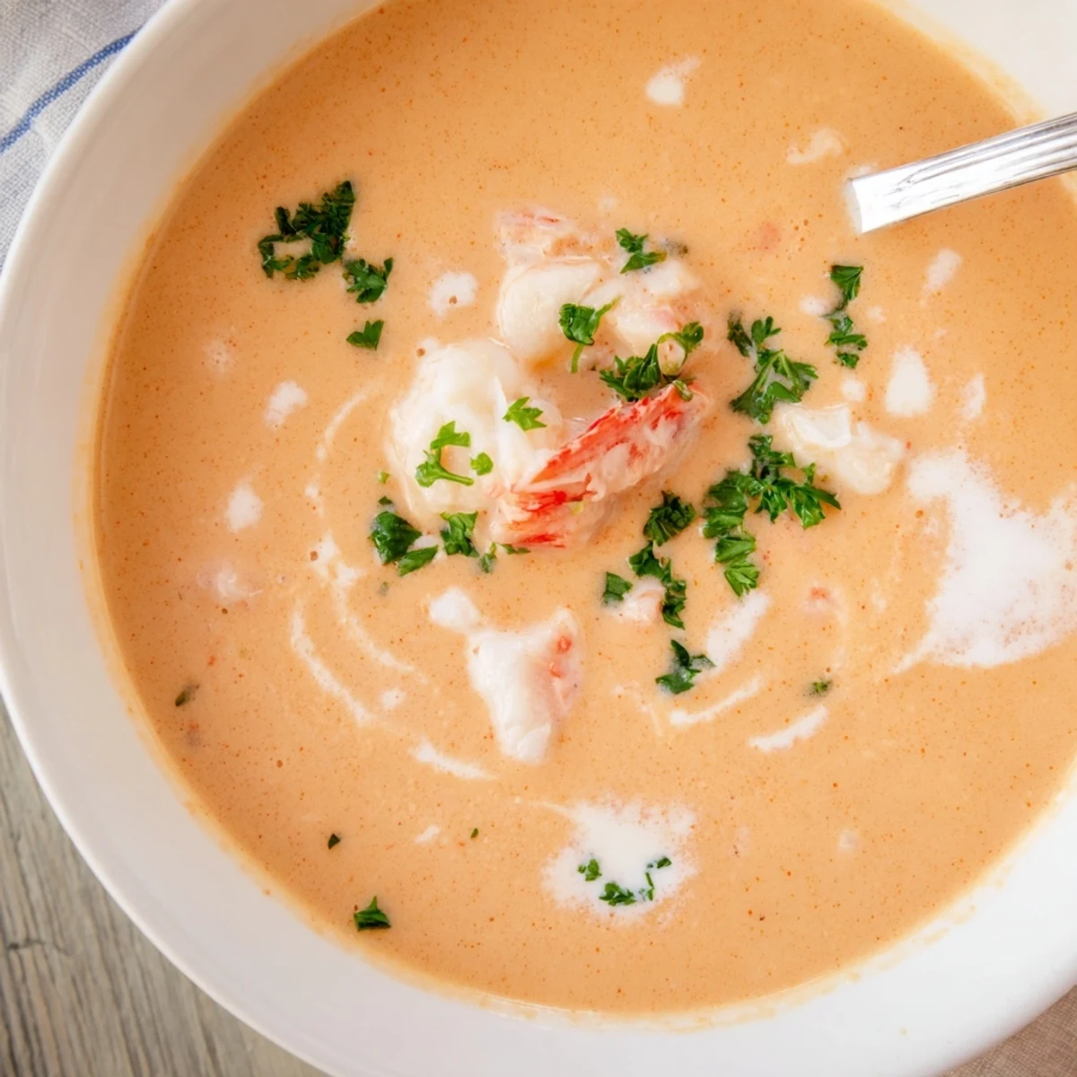 Steamy bowl of creamy crab and shrimp bisque garnished with fresh parsley