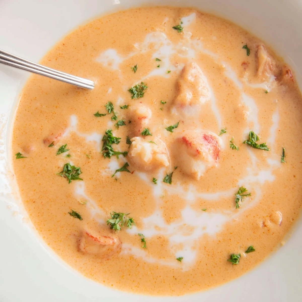 Velvety crab and shrimp bisque served with crusty bread on a chilly evening